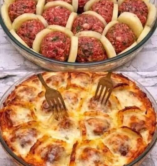 Cheesy Baked Meatball & Potato Casserole